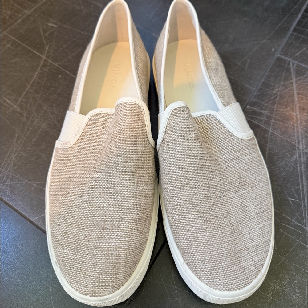 Vince Beige and White Men's Slip-On Loafers